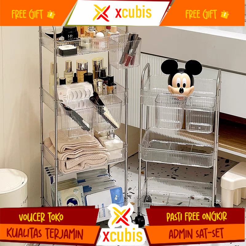 Rak Troli Susun Stainless Steel Serbaguna Roda 4 Tingkat Rak Penyimpanan Kosmetik Rak Dapur Rak Piri