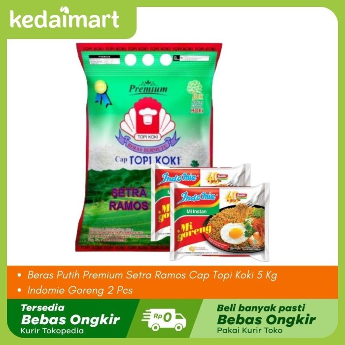 

KM Paket Beras Premium Ramos Topi Koki 5 Kg + 2 Pcs Indomie Goreng