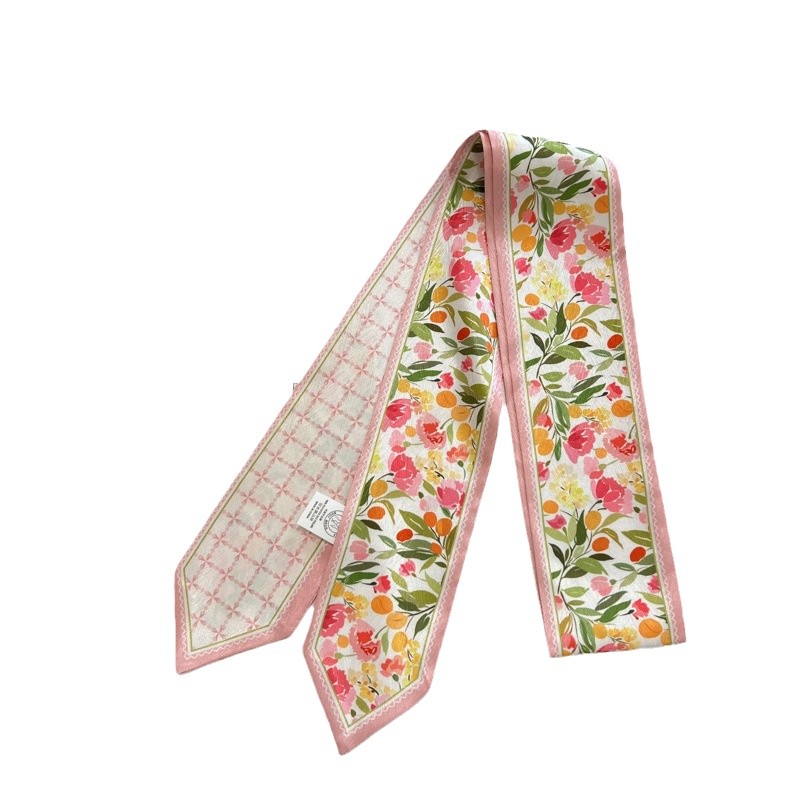High-Grade Flower Print Long Silk Scarf Hair Band Ribbon Tied-up Hair Long Bow Vintage Satin Ribbon 