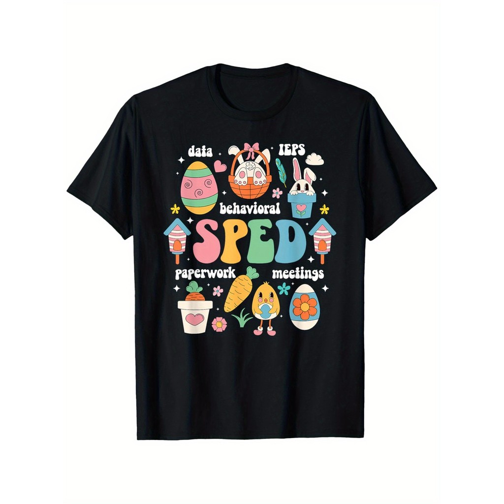 Kaos Guru SPED Kelinci Paskah Katun Combed 30s Unisex Lengan Pendek Gambar Kartun Lucu Hitam Santai 