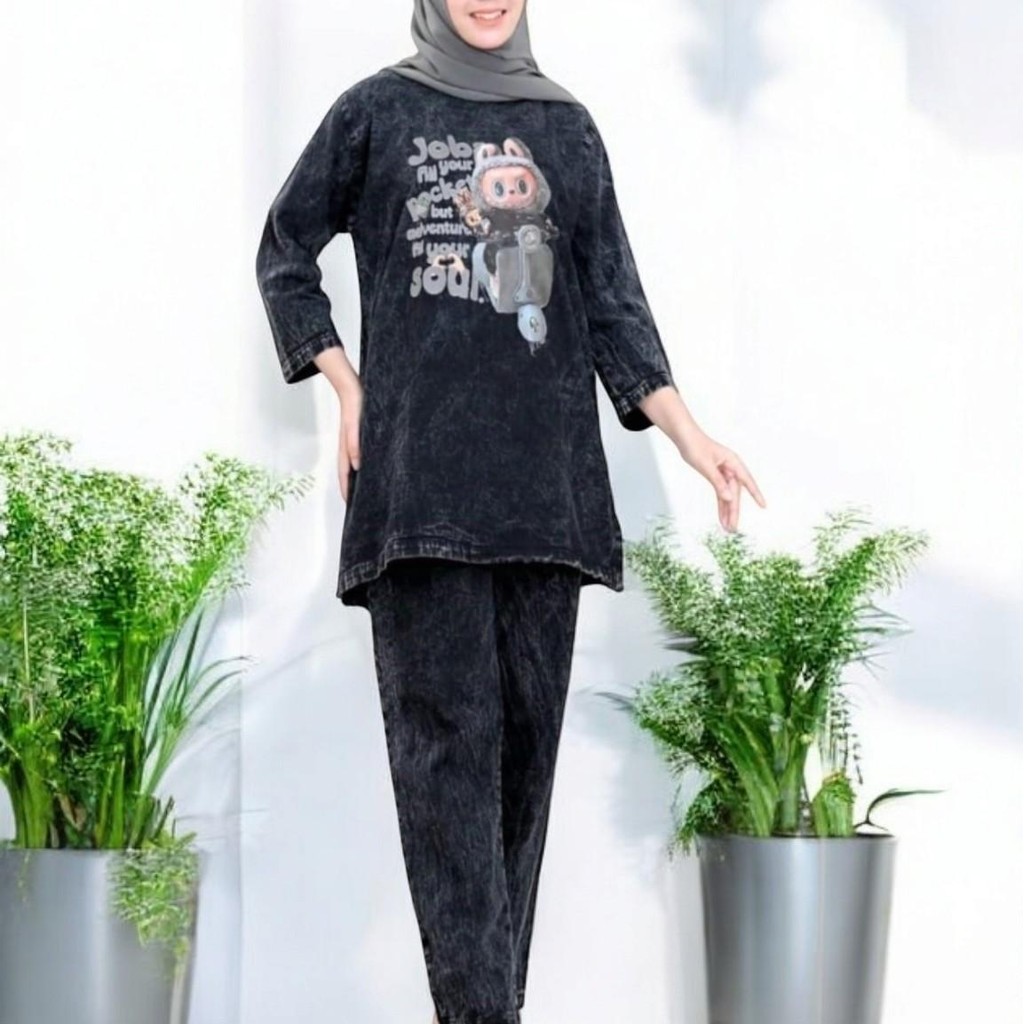 Baju Gamis Casual Wanita Dewasa Model Setelan Dress Labubu Skuter Viral Terlaris Jeans Denim Black S