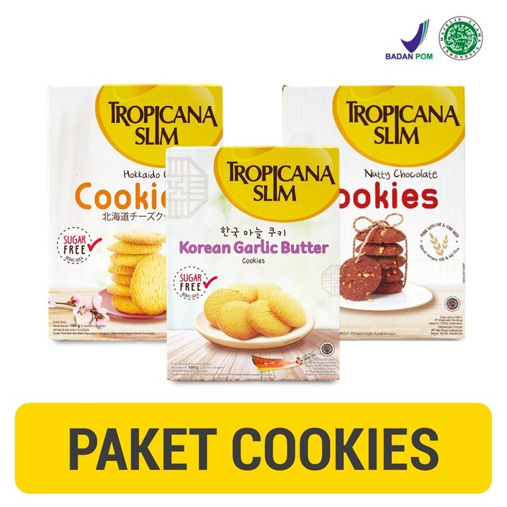 

Paket Cookies Sehat Tropicana Slim - Nutty Chocolate , Hokkaido Cheese, Korean Gailic Butter - Snack Biskuit Diet Rendah Kalori