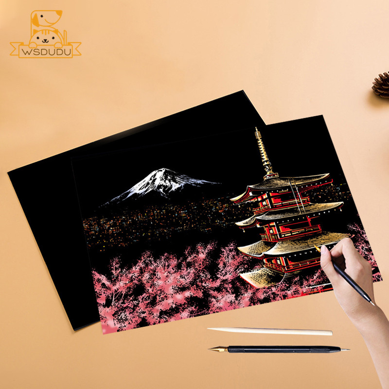 

2PCS Scratch Paper Painting Kit Amusement Park Art Night Scene World Landmarks Magic Drawing Toys with Pen Crafts Adult Kid Gift