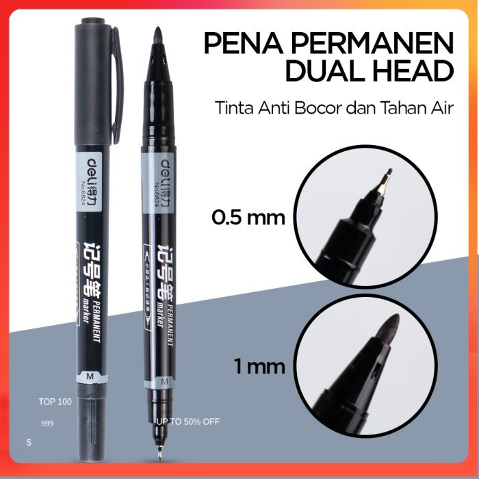 

Deli Pena Permanen Dual Head Tip Marker Pens Waterproof - 6824 - Black - Black