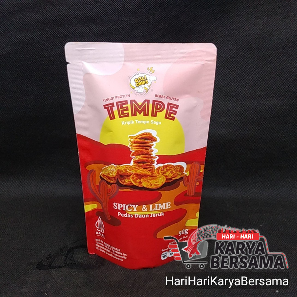 

MAKANAN RINGAN SNACK GELI CHIPS TEMPE SPICY & LIME 50GR