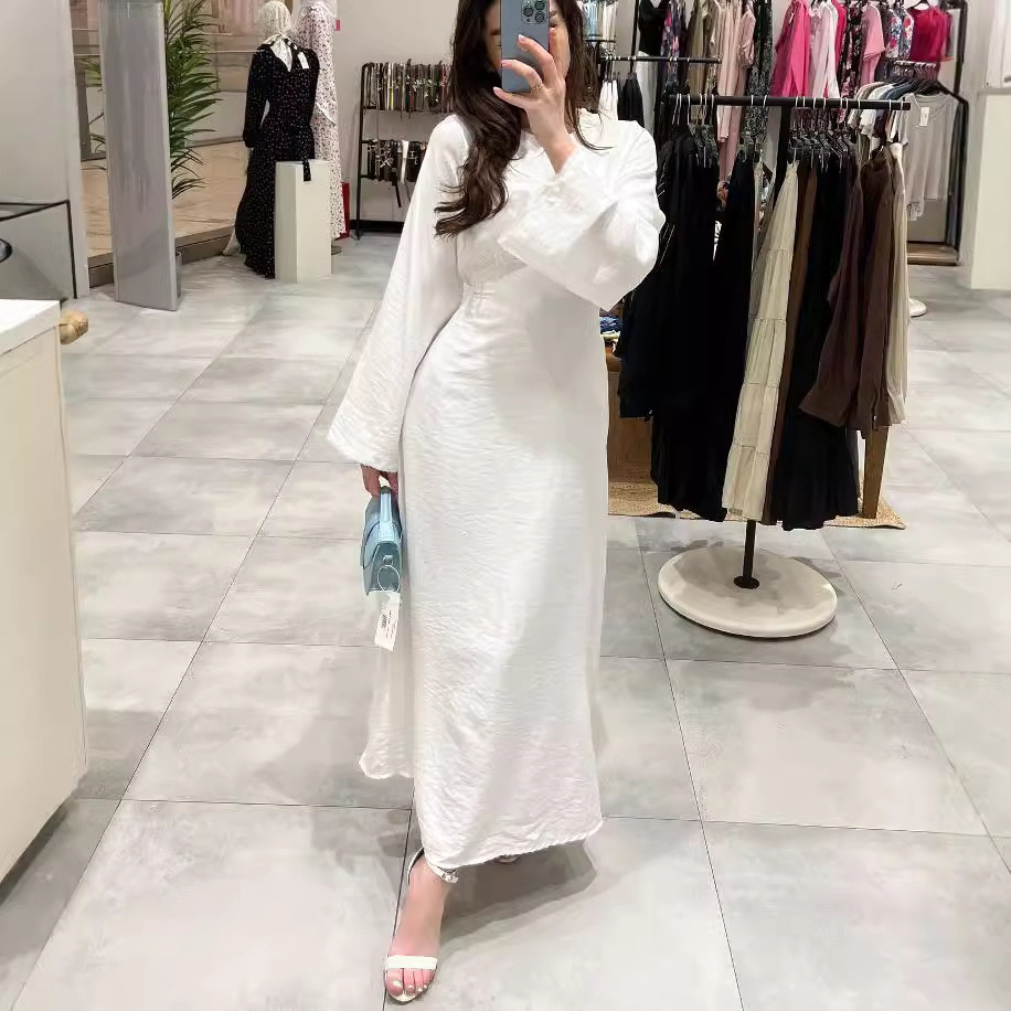 Autumn Winter Women's Maxi Dress Slim Long Sleeve O-neck Plain Color Clothing Elegant Fashion Linen 