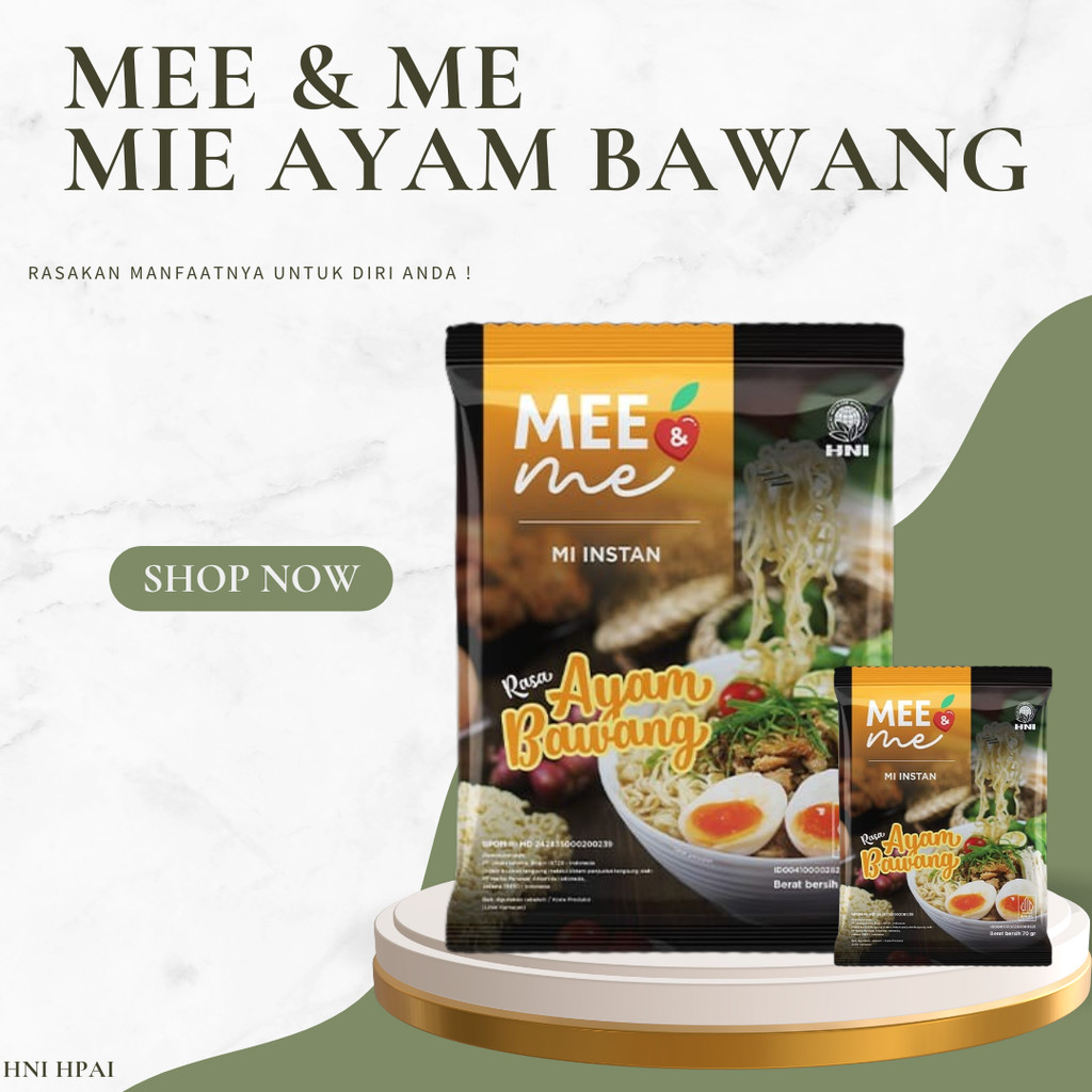 

Mee n me sehat HNI, mee n mee pouch isi 10pcs, mie instan sehat HNI, mie ayam bawang n mie ayam jamur