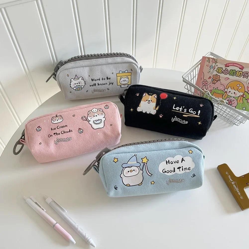 

Kawaii Canvas Pencil Case For Students Puppy Cat School Stationary Storage Pouch Big Capacity Pen Bags