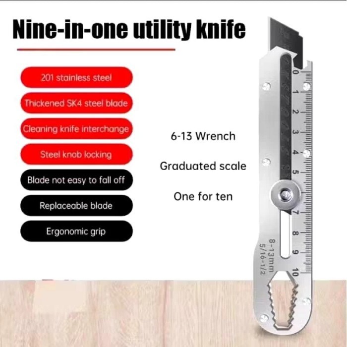 

Cutter Besi Stainless Steel 9in1 9 in 1 Pisau Cutter 15mm Pemotong Serbaguna Anti Karat Pembuka Tutup Botol baut skrup Penggaris 10 CM Ukur Wrench EDC Kater Tajam isi Refill Pisau Cutter isi 10 Pcs 18mm Kunci Pas 6 8 9 10 11 12 13 SD-180 Shang Te ST