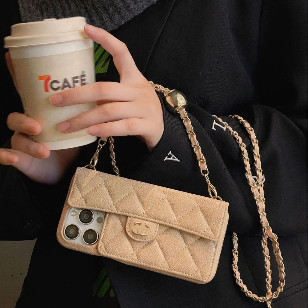 BARU Case Tas Kulit Caviar Chain panjang Tali Samping For Iphone 12 13 14 Pro max Plus 14+ 15 15+ 16