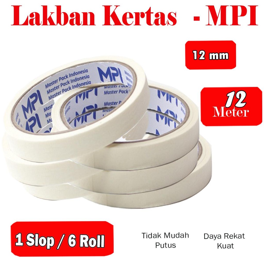 1 Slop [ 6 Roll ] Lakban Kertas UK 12 mm x 12 meter / Mesking Tape - MPI