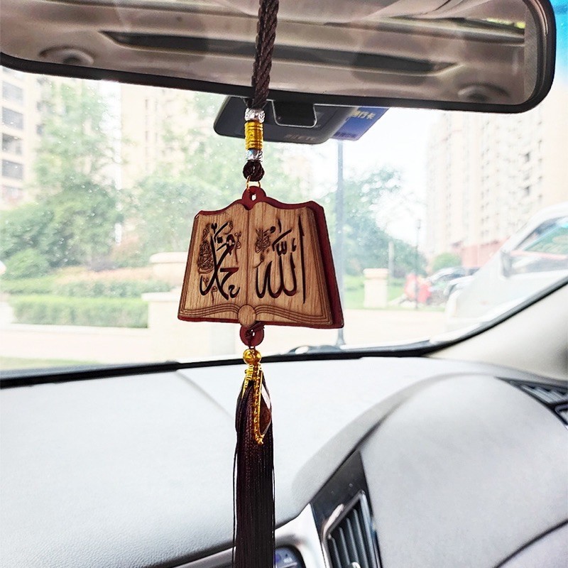DOMOR_SHOP Gantungan spion mobil Allah bahan kayu 2 sisi tulis buku allah Gantungan Spion Muslim All