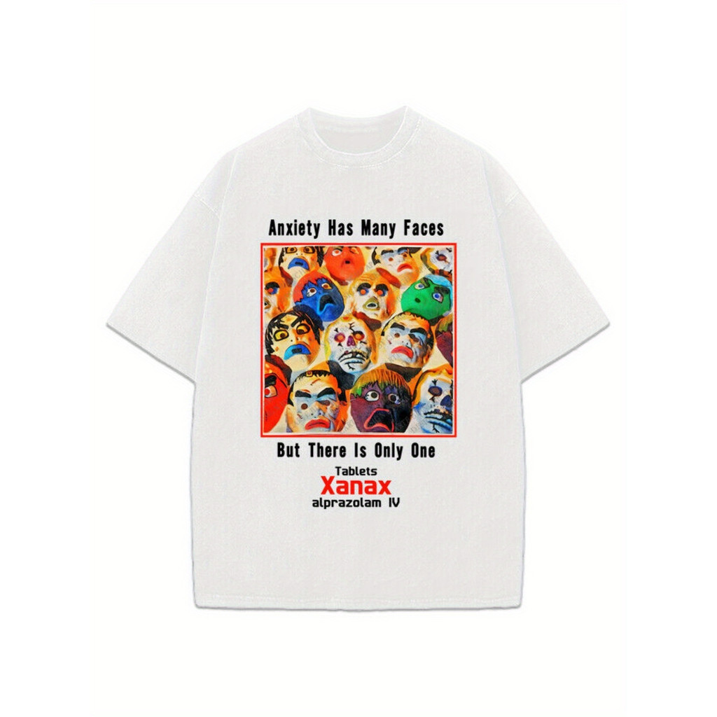 Kaos Pria Santai Xanax Gambar Wajah Warna-warni Font Tebal Bahan Adem Lembut Round Neck Kaos Kasual 