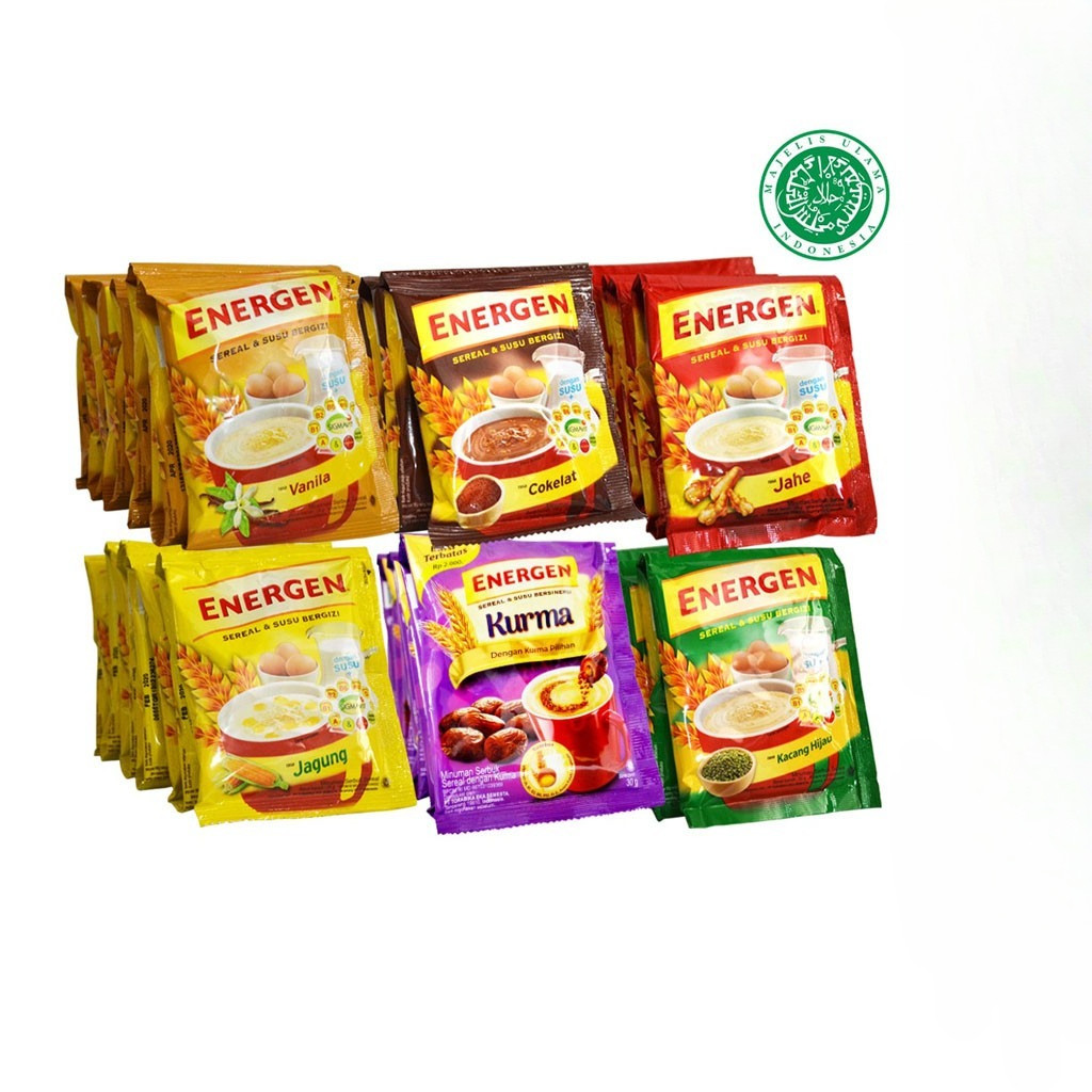 

Energen Cokelat Kacang Hijau Vanila Jagung Jahe Kurma Sereal Renceng 10