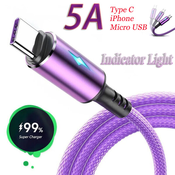 5A Fast Charging Micro USB Type C data cable for iPhone iOS Cable LED Voltage and Current Display Hi