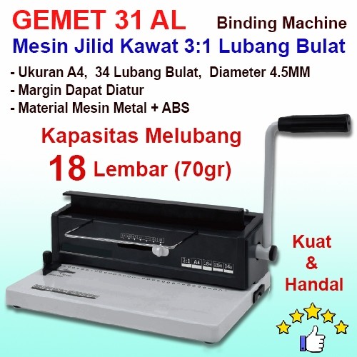 Mesin Jilid Spiral Kawat GEMET 31AL, A4, Lubang Bulat, Bahan Metal, Handal & Kuat, Mesin Laminating 