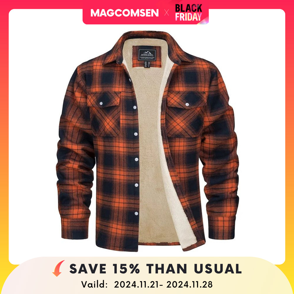 MAGCOMSEN Men's Fleece Plaid Flannel Shirt Jacket Button Up Casual Cotton Jacket Thicken Warm Spring