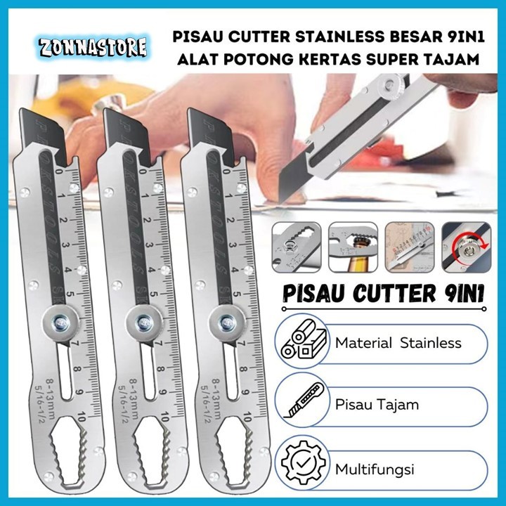 

Pisau Cutter Stainless Besar 9in1 Super Tajam Tahan Karat / Penggaris Screw Buka Kaleng Tutup Botol Baut Sekrup Mur Cuter Kater Kunci Heksagonal Alat Potong Kertas Unboxing Packing Bangunan Stainless Baja Knife Pack Kardus Buble Plastik Kabel Iris Jumbo