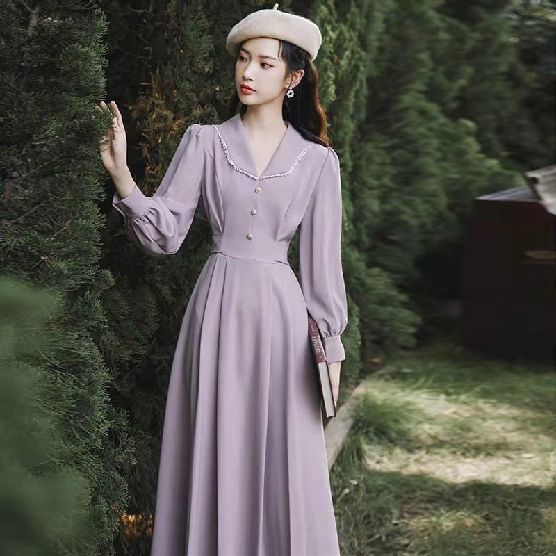 Gaun Wanita Retro Perancis Ukuran Plus Ungu Gaun Gaya Hepburn