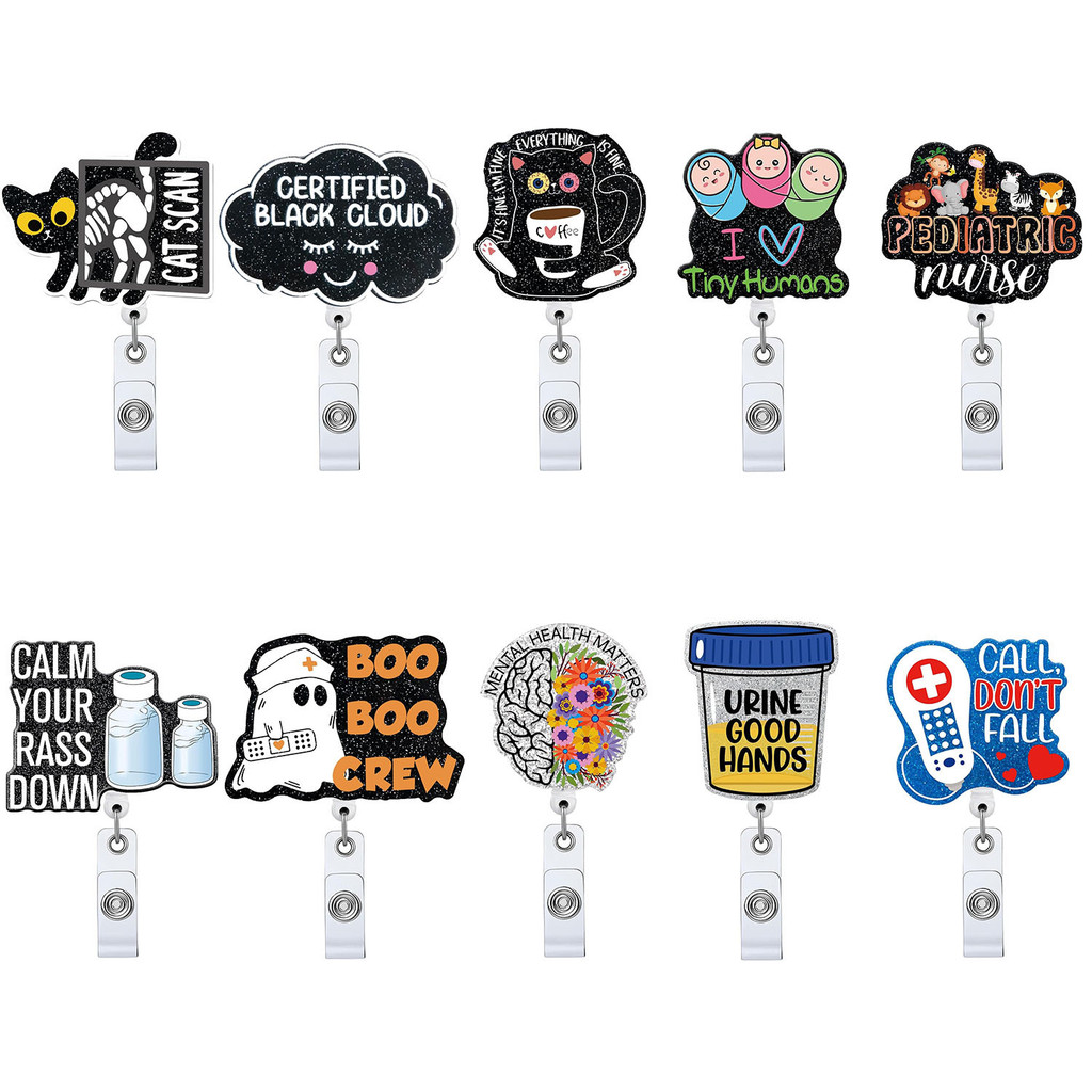 

New Design 1 Piece Glitter Acrylic Retractable Nurse Badge Reel Anime Cat Bottle Brain Doctor ID Card Holder Lanyard Clip