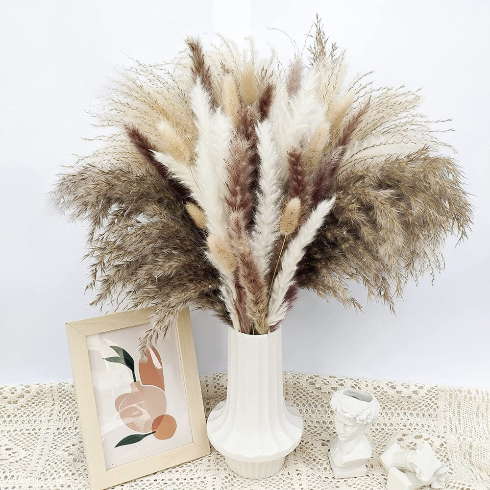 

80Pcs Natural Dried Fluffy Pampas Grass Bouquet Set Boho Home Decor Pompous Large Reed Bunny Tail Wheat Stalk Decorative