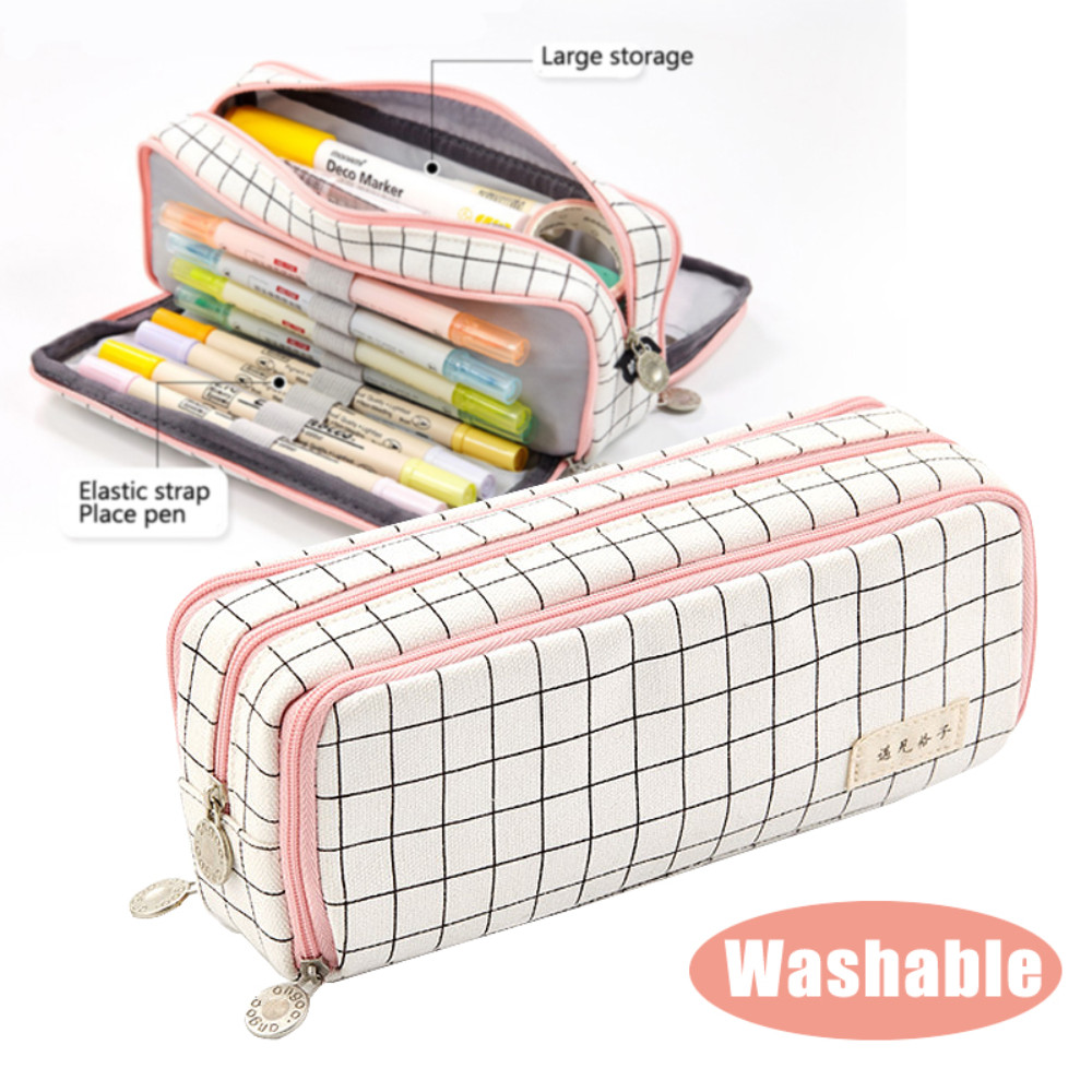 

Kawaii School Pencil Case Kids Lattice Cotton Linen Multilayer Big Capacity Pencil Box Cute Pensil Case Pen Bag Estuche Escolar