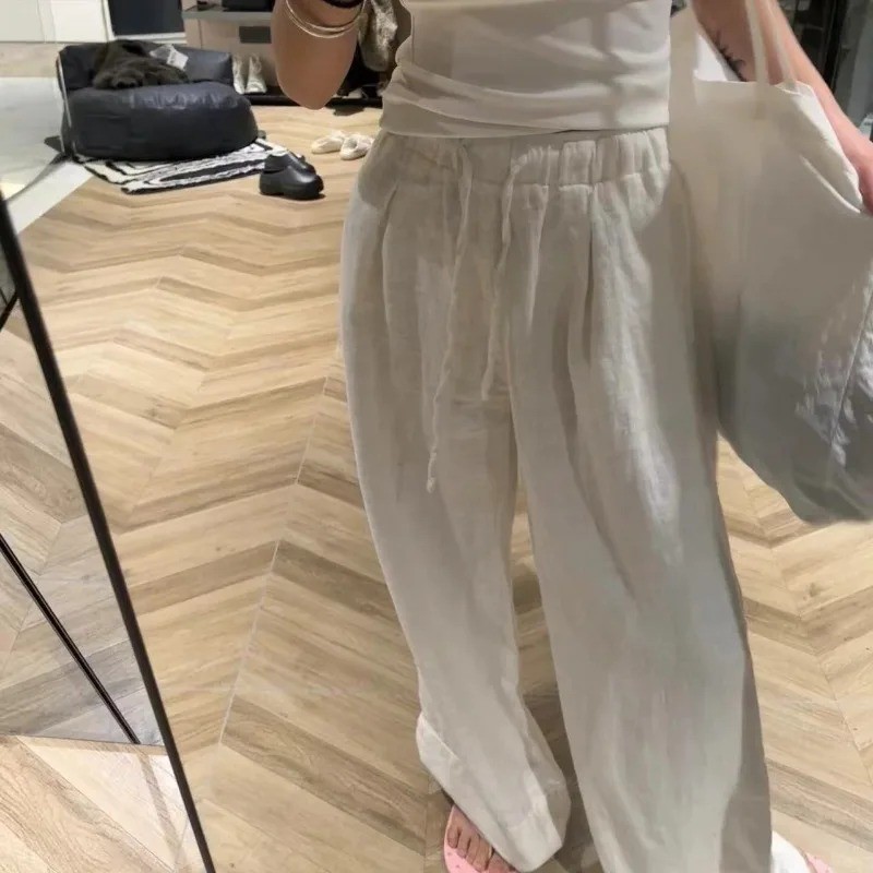 Deeptown White Basic Linen Women Pants Elastic Waist Harajuku Korean Fashion Baggy Trousers Female T