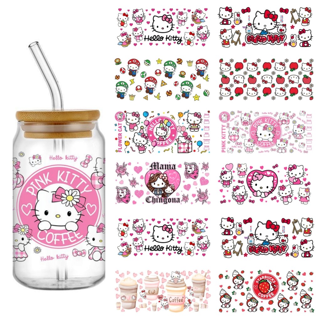 

Miniso Hello Kitty Cartoon 16oz UV DTF Cup Wraps Transfer Sticker Glass Libbey Can Bottle Selfadhesive Washable DIY