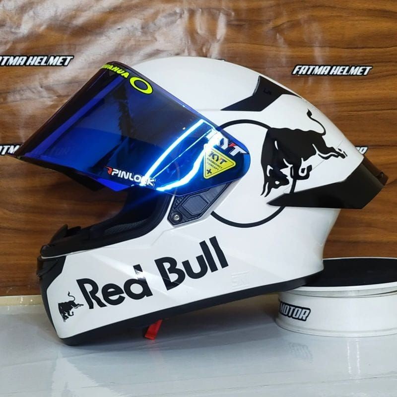 Helm Full Face KYT TT Course Solid Polos Plain White / Putih Paket Ganteng Redbull