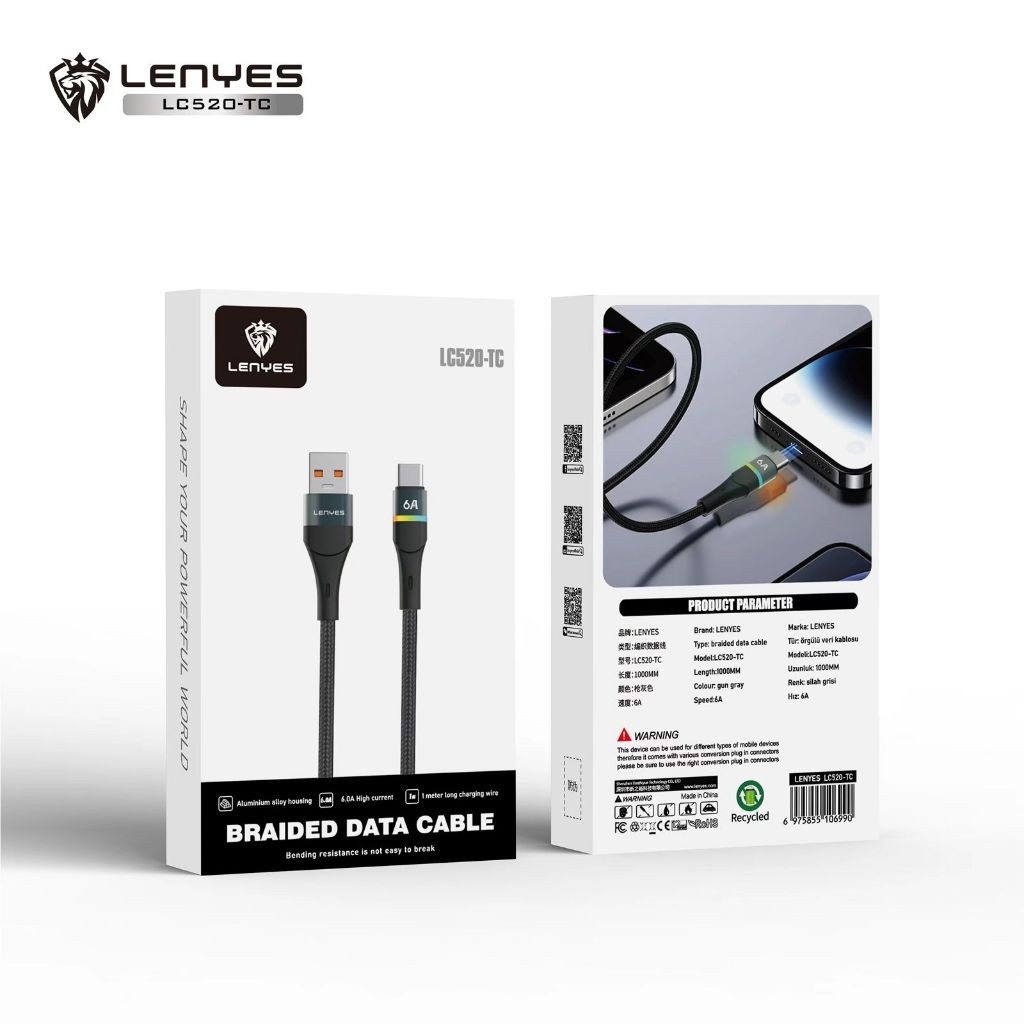 Kabel Data LENYES LC520 6A Fast Charging Universal Sync Data Cable Charger Nylon 1m