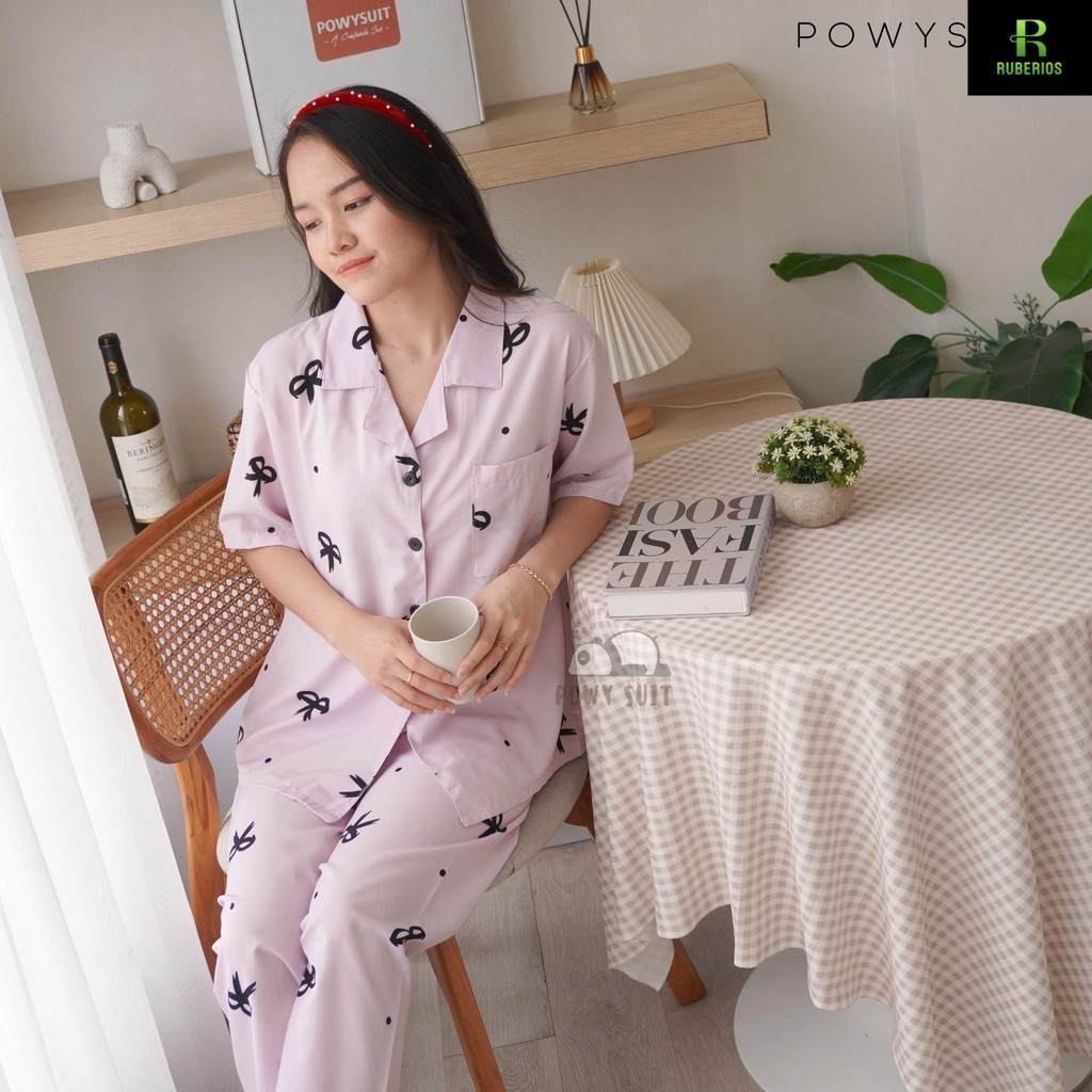 ST Piyama Pita Powysuit Satin Sutra Setelan Lengan Pendek Celana Panjang Baju Tidur Wanita Dewasa