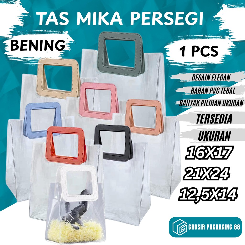 

Tas Mika PVC Transparan Handle Persegi Kulit Goodie Bag Souvenir Hampers Aksesoris Ulang Tahun
