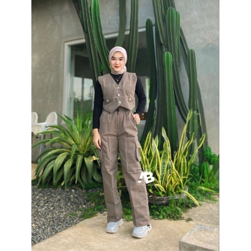 RGH One set Vest & Cargo Pants Serut Setelan Wanita Kain Katun Drill Premium Korean Style Baju Atasa