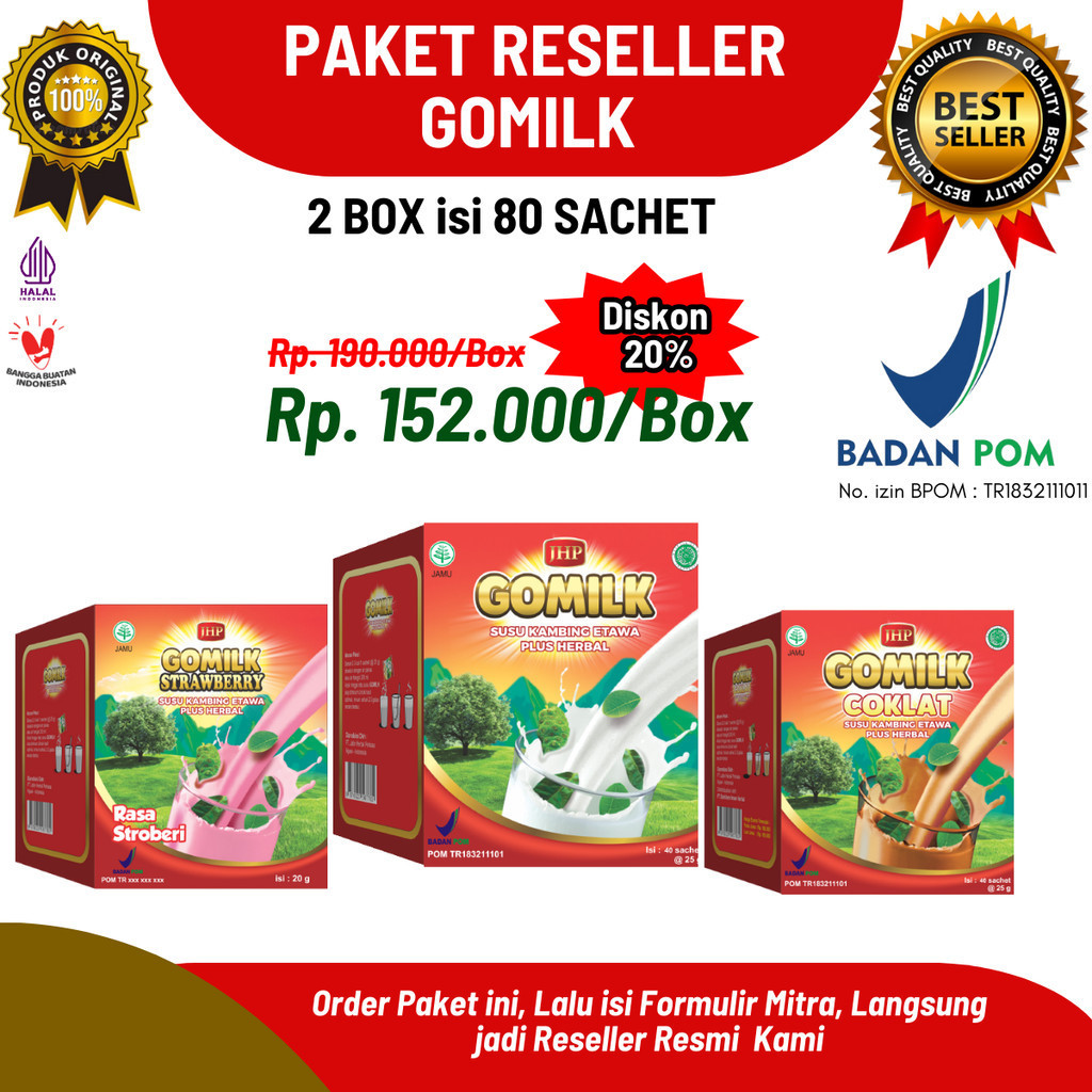 

[ Paket Reseller 2 Box ] GOMILK SACHET Susu Kambing Etawa Plus Herbal isi 80 sachet