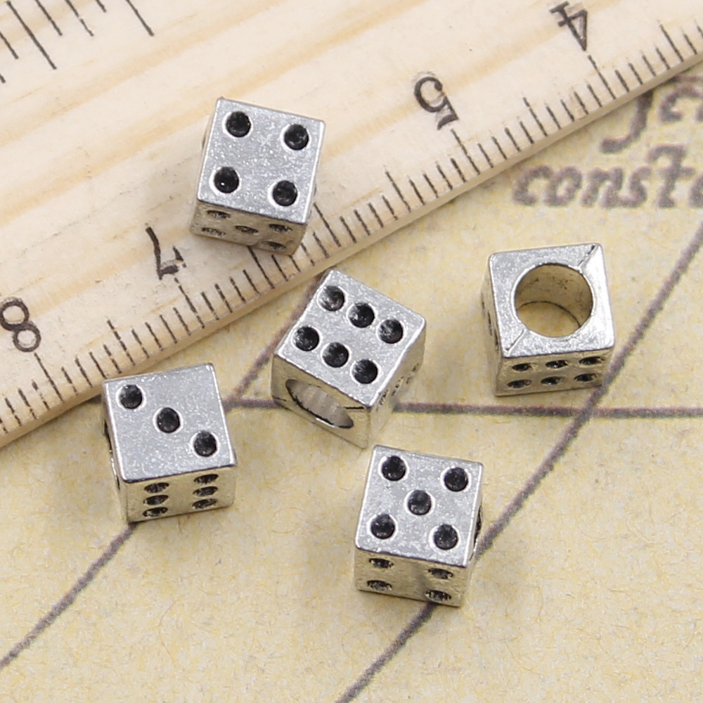

10pcs Beads Casino Lucky Dice 4.5mm Big Hole Charms European Pent Fit For Bracelet DIY Antique Silver Color Fit Making