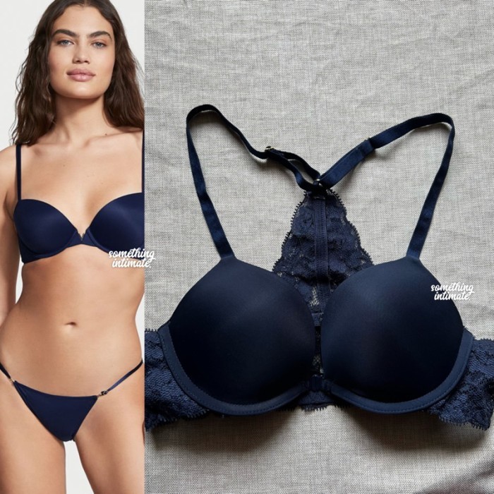Victoria Secret Front Closure Lace Racerback Gel Push Up Bra VS Pushup - WINGS Midnight, 34A