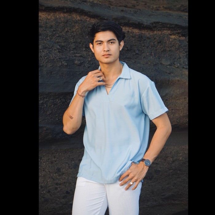 Legian Shirt Rayon Collar Vneck Beachwell Bali BIRU TERANG