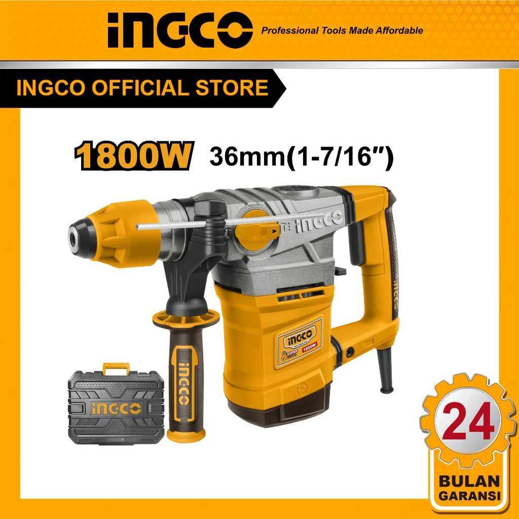 INGCO 1800W Bor Rotary 36mm SDS Plus dengan Kunci Chisel Dilengkapi dengan 3 Mata Bor dan 2 Chisel u