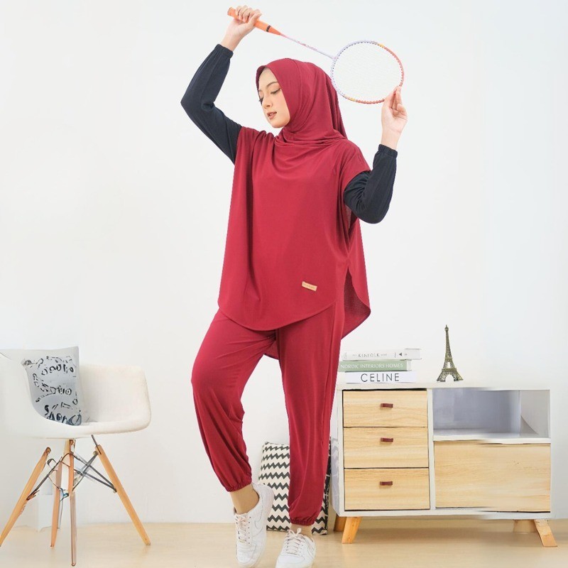 Baju jalan sehat agustusan 17an merah putih termurah / HELAIRINDU - Setelan Hijab Olahraga Wanita Ou