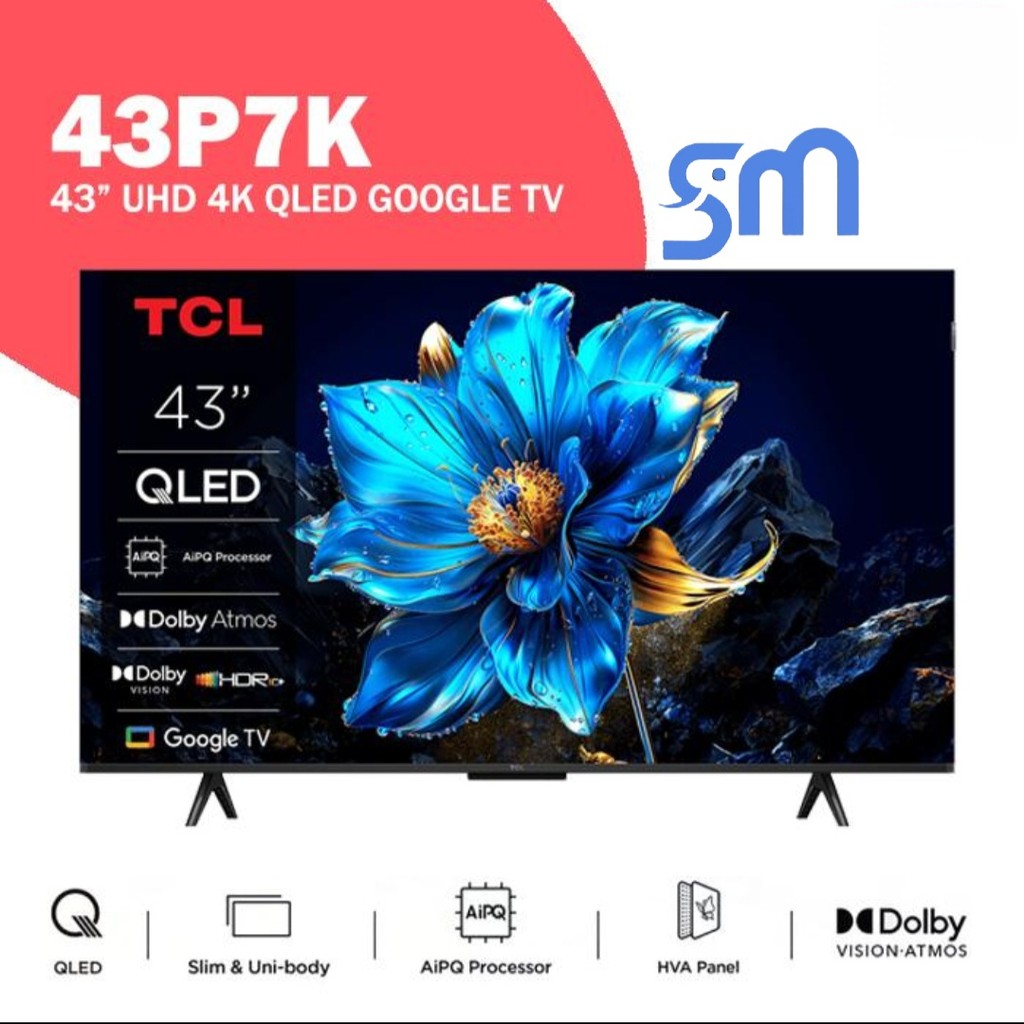 QLED LED TV TCL 43 inch 43P7K Quantum Dot Smart Google 4K UHD