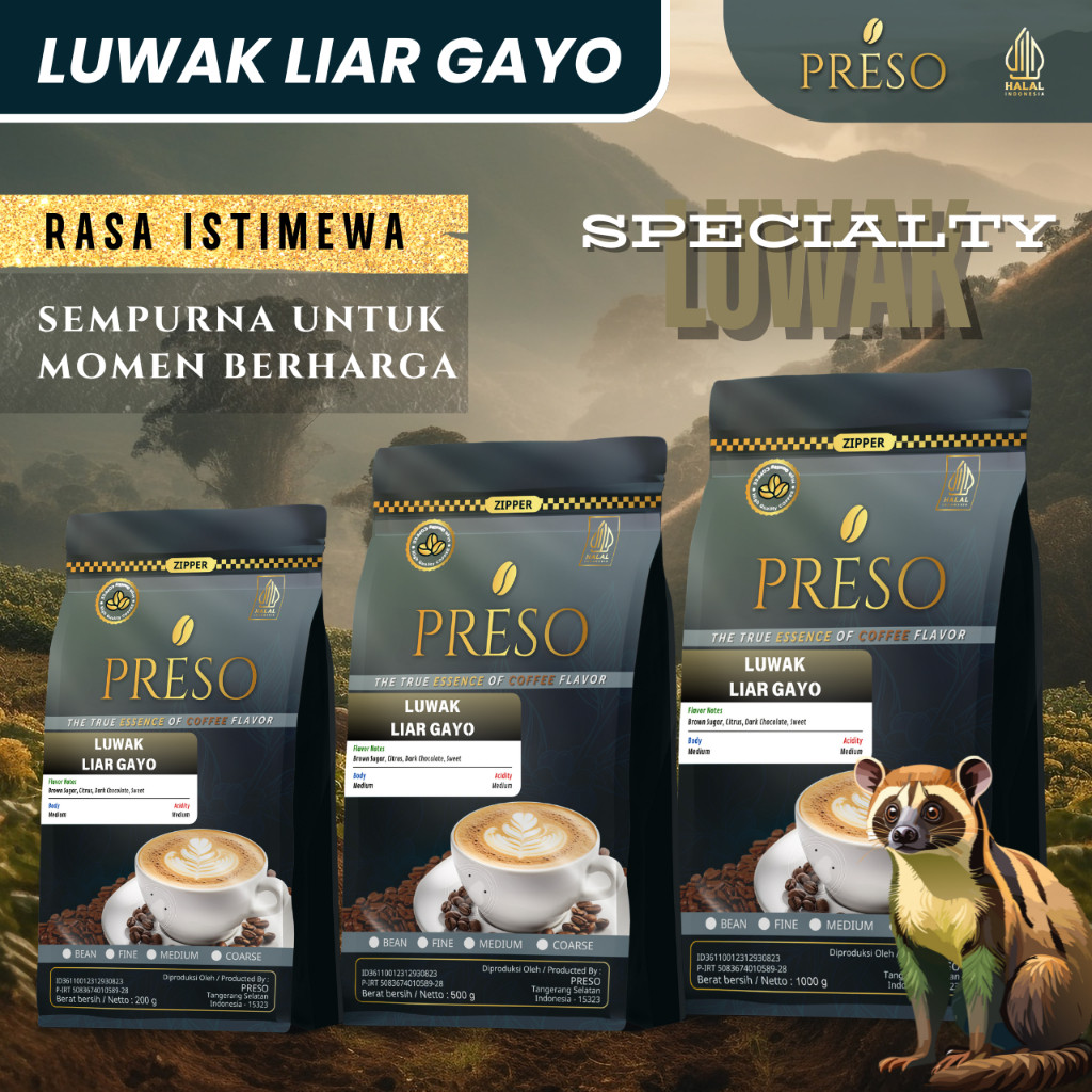 

PRESO Luwak Liar Gayo - Wild Civet Arabica Coffee, Bubuk Biji Halal Premium (200g/500g/1kg)