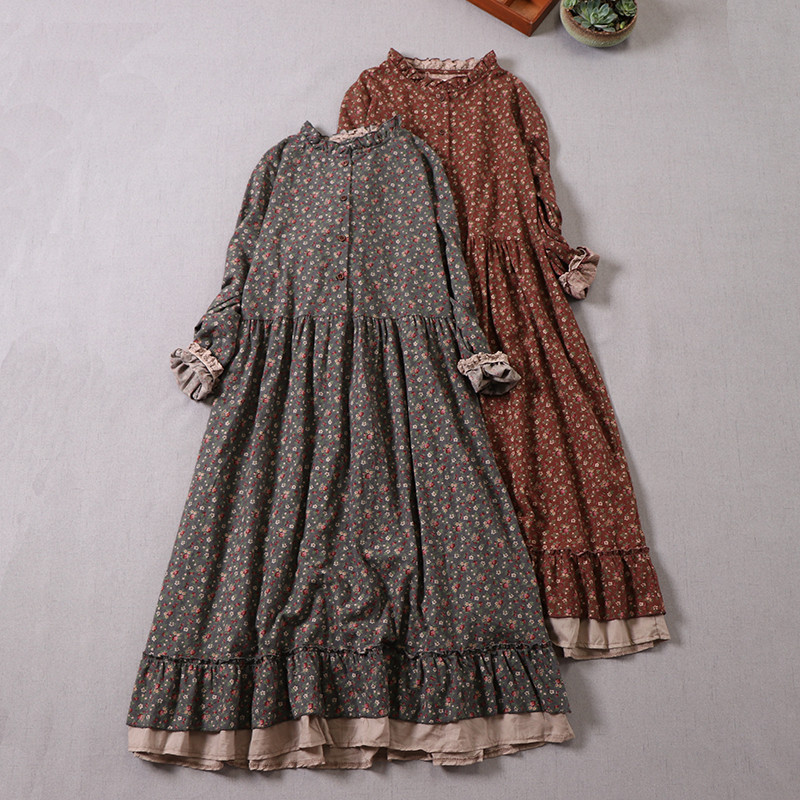 Japanese Mori Girl Art Print Dress Pretty Cotton Linen Spring   Women New Floral  Dress Loose Longsl