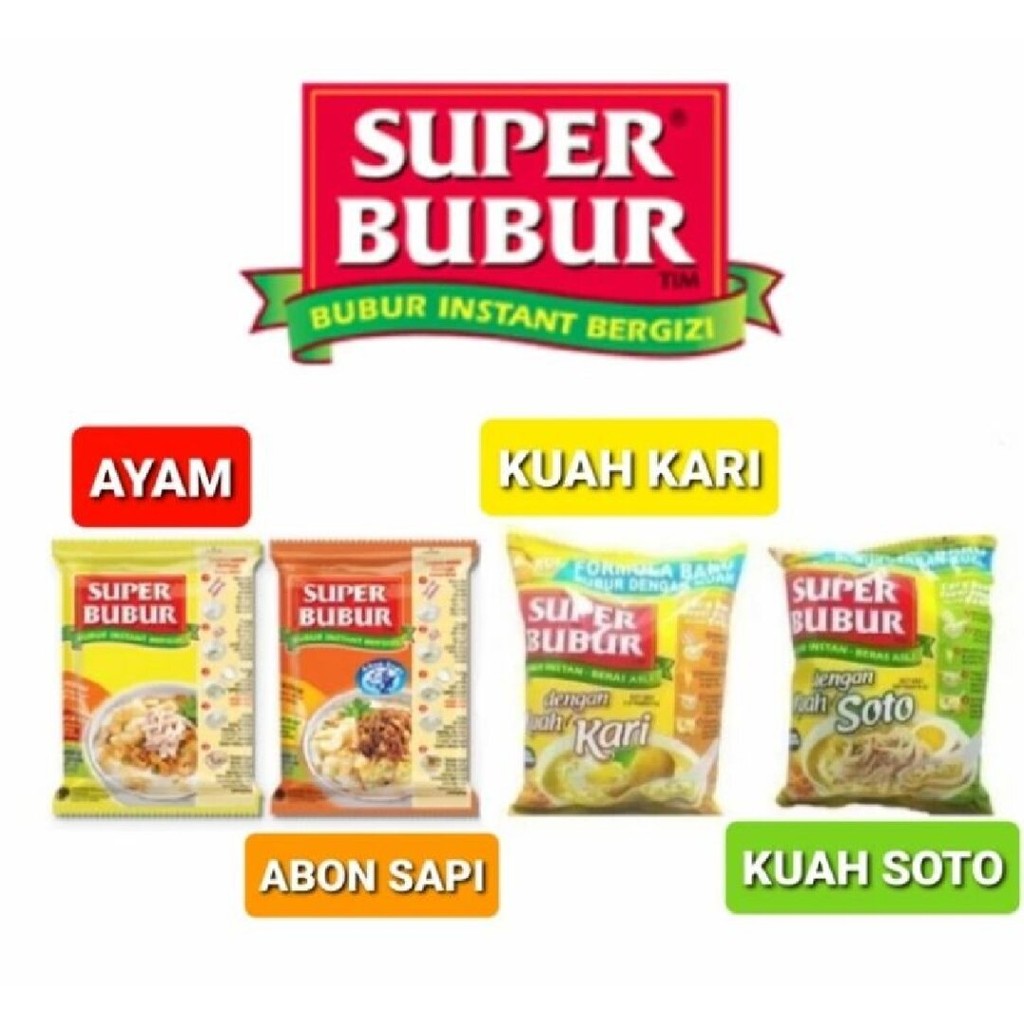 

SUPER BUBUR INSTAN SACHET KUAH KARI / KUAH SOTO / AYAM / ABON SAPI 45 gram Halal BPOM Original