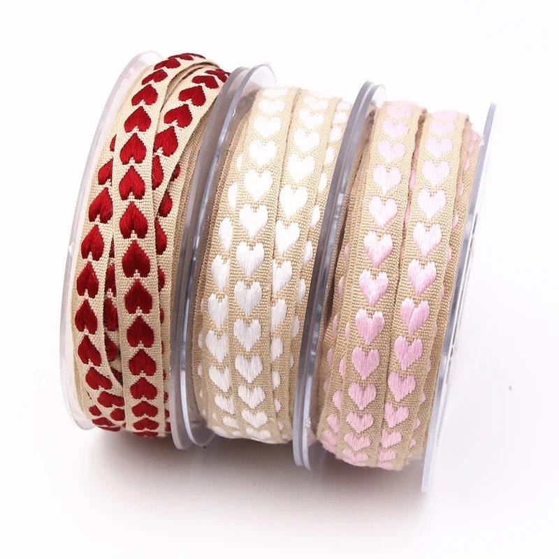 

10mm pink red white woven peach heart ribbon made of polyester for wedding decoration gift wrapping Bows DIY Crafts Accessories