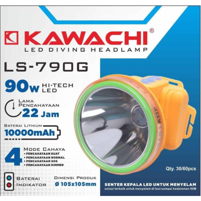 Senter Kepala Menyelam 90 Watt Kawachi LS-790G Dimmer SOS 50Meter Baterai 10000mAH