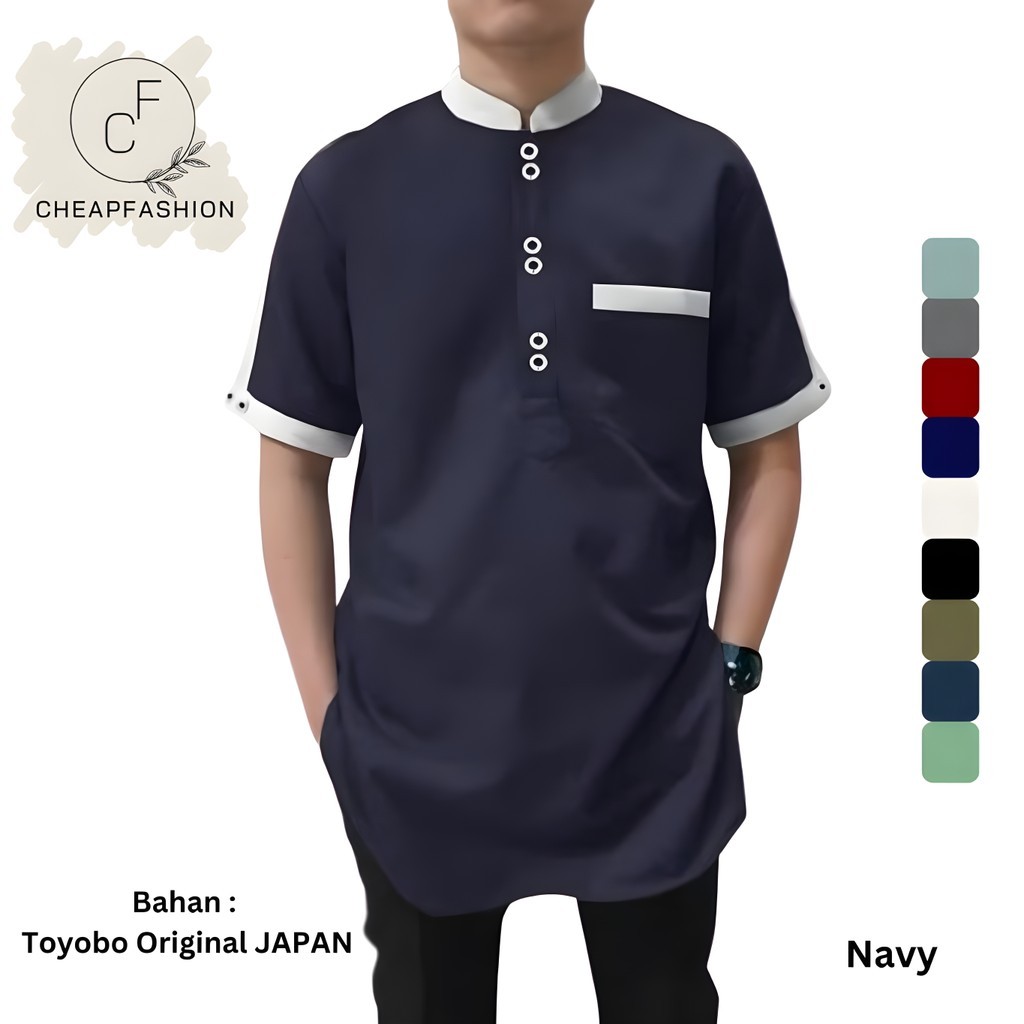 CF Koko Zaka Lengan Pendek TOYOBO ORIGINAL, Baju  Lebaran Pria Muslim Bahan Toyobo FODU Ori - Navy