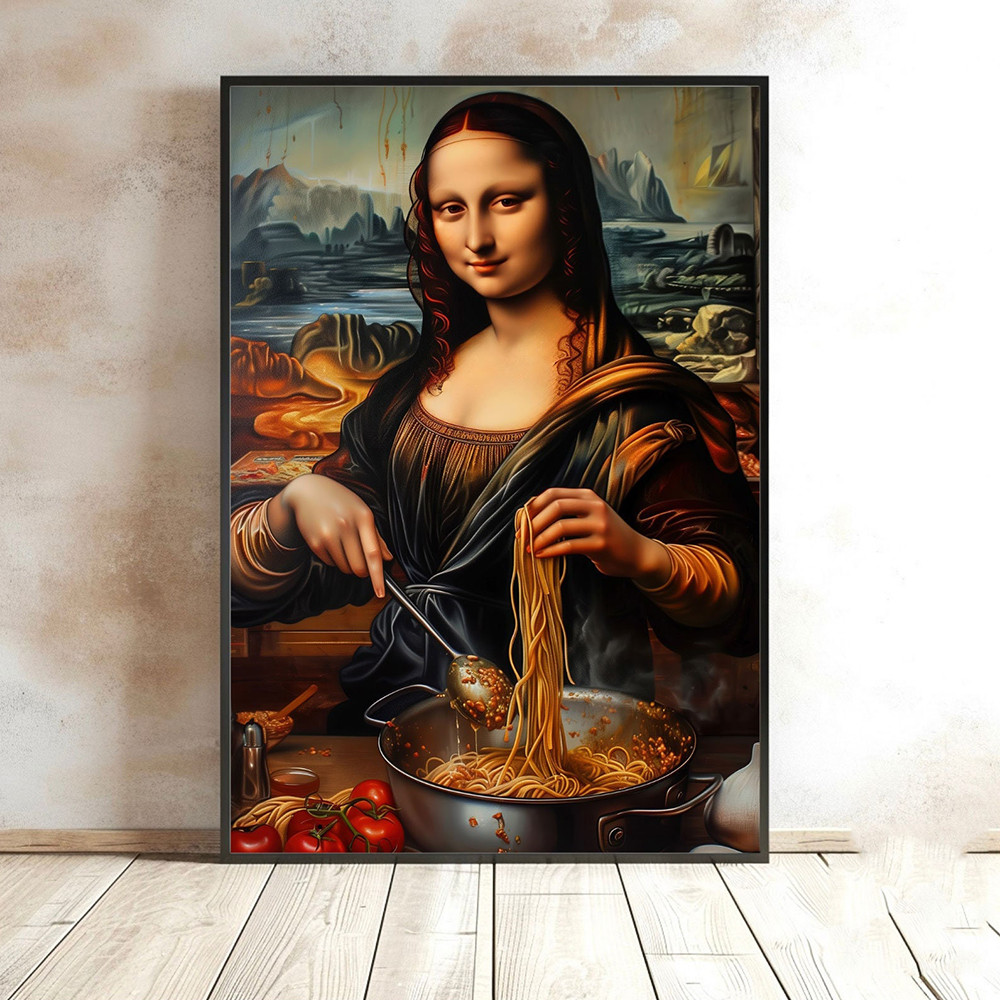 

Funny Mona Lisa With Cooking Italian Noodles Wall Art Canvas Painting Cute Posters And Prints for Kitchen Home Decor Pictures