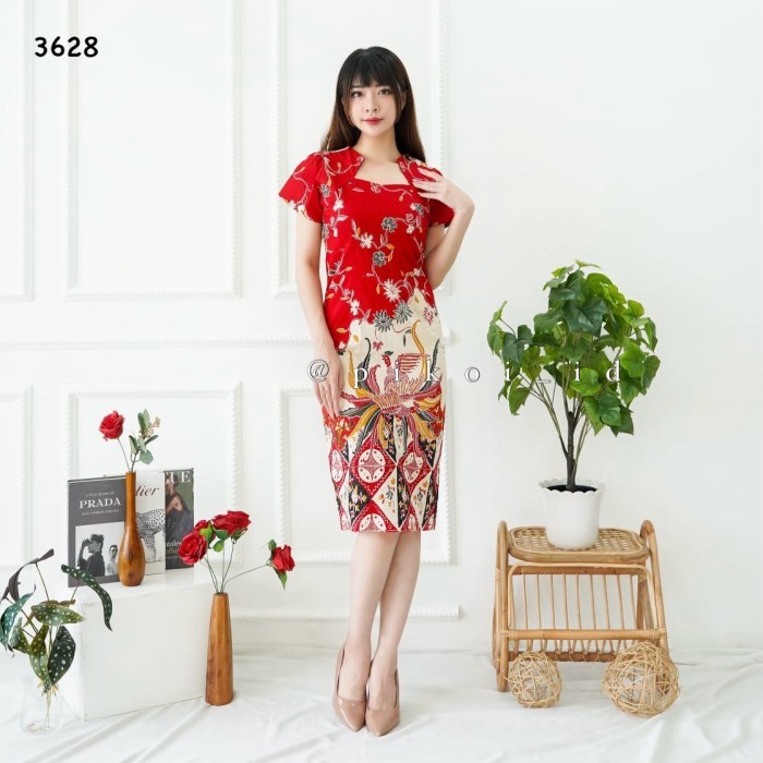 Set batik couple modern merah pria wanita / dress imlek natal pasangan - DS SPAN LG-3630, STANDARD