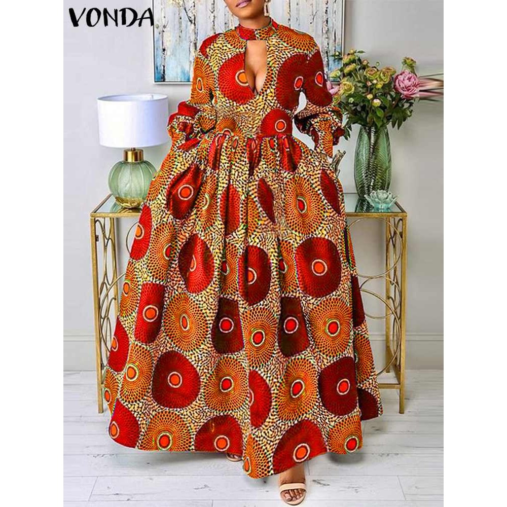 Plus Size 5XL VONDA Summer Dress Women Bohemian Floral Printed Long Dress Sexy Party Hollow Out Sund