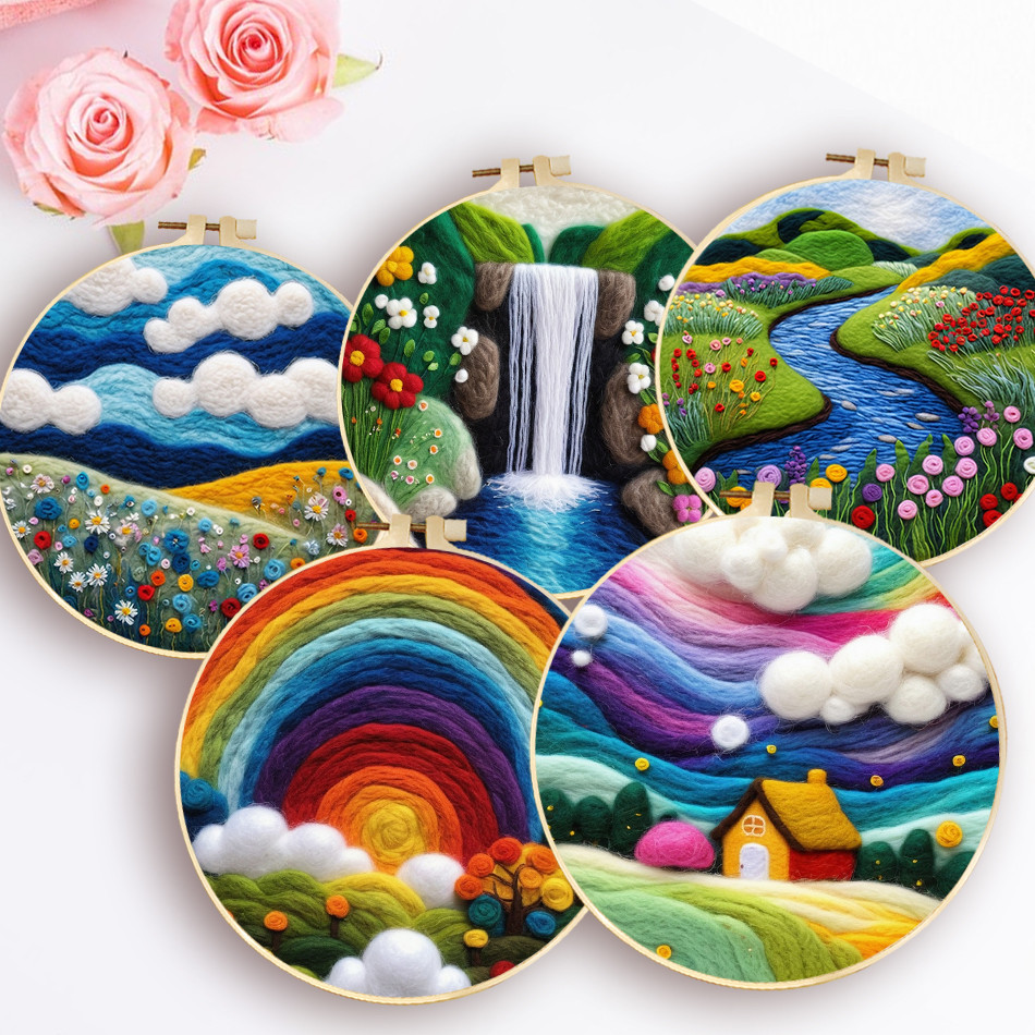 

Waterfall Landscape Wool Felting Painting Frame DIY Wool Embroidery Kit Funny Wool Needle Felt Picture Kit Craft Painting Gift